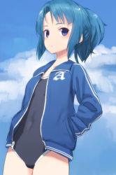  1girl alice_gear_aegis blue_eyes blue_hair blue_jacket competition_school_swimsuit covered_navel cowboy_shot day hands_in_pockets jacket jacket_over_swimsuit looking_at_viewer one-piece_swimsuit ponytail school_swimsuit shimada_fumikane sky solo swimsuit takanashi_rei track_jacket  rating:Sensitive score:8 user:danbooru