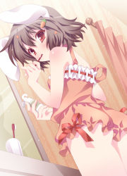 1girl animal_ears ass bare_shoulders black_hair blush body_blush brown_hair brushing_teeth carrot carrot_hair_ornament chemise cup curtains dutch_angle female_focus food-themed_hair_ornament frills hair_ornament hairclip inaba_tewi lingerie looking_at_viewer looking_down mirror rabbit_ears rabbit_girl rabbit_tail red_eyes satomi_hinako short_hair solo tail toothbrush toothpaste touhou underwear rating:Sensitive score:30 user:danbooru