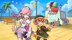 annie_(skullgirls) bench book eyepatch food food_truck highres holding holding_book holding_food holding_ice_cream holding_ice_cream_cone hungern_(skullgirls) ice_cream ice_cream_cone robynahaley sagan_(skullgirls) umbrella_(skullgirls) wooden_bench