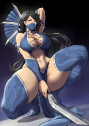  1girl bare_shoulders black_eyes black_hair blue_background blue_footwear blue_thighhighs boots breasts brown_eyes cleavage commentary commission covered_mouth cross-laced_clothes dual_wielding earrings elbow_gloves gloves hand_fan highleg highres holding holding_weapon japanese_clothes jewelry kitana large_breasts long_hair looking_at_viewer looking_back mask mortal_kombat_(series) mortal_kombat_(series) mortal_kombat_9 mouth_mask ninja ninja_mask packge pelvic_curtain shiny_skin silver_trim simple_background solo squatting thick_thighs thigh_boots thighhighs thighs tiara vambraces weapon  rating:Sensitive score:92 user:danbooru