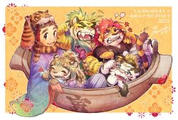  4boys anger_vein animal_ears animal_hood bandaid bandaid_on_face bandaid_on_nose blonde_hair blush border brown_eyes brown_hair chinese_zodiac commentary_request deformed durga_(housamo) fangs fangs_out flag flame-tipped_tail flower furry furry_female furry_male fuyodo hakama highres holding holding_flag hood japanese_clothes kimono licho_(housamo) macan_(housamo) protagonist_1_(housamo) multicolored_hair multiple_boys muscular muscular_male neko_nabe nomad_(housamo) orange_background orange_hair outside_border red_hair round_eyewear sandals tassel tearing_up thick_eyebrows tiger_boy tiger_ears tiger_girl tiger_hood tokyo_houkago_summoners translation_request white_border year_of_the_tiger 