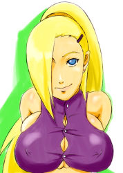  1girl alternate_breast_size bare_shoulders blonde_hair blue_eyes breast_press breasts breasts_squeezed_together bursting_breasts covered_erect_nipples female_focus hair_over_one_eye halterneck huge_breasts large_breasts long_hair looking_at_viewer naruto_(series) naruto_shippuuden ponytail simple_background skin_tight smile solo sunahara_wataru undersized_clothes upper_body white_background yamanaka_ino  rating:Questionable score:83 user:danbooru