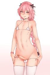  1boy :q astolfo_(fate) bikini black_bow bluefield blush bow braid choker collarbone covered_erect_nipples erection eyes_visible_through_hair fate/apocrypha fate_(series) gradient_background hair_between_eyes hair_bow highres long_braid long_hair looking_at_viewer male_focus micro_bikini navel one_eye_closed panties penis penis_in_panties pink_hair precum simple_background single_braid smile solo standing swimsuit testicles thighhighs tongue tongue_out trap uncensored underwear white_bikini white_thighhighs  rating:Explicit score:159 user:danbooru