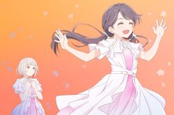  2girls ^_^ belt black_hair bow clenched_hands closed_eyes closed_mouth colored_inner_hair commentary_request diagonal_bangs dollchestra dress gradient_background gradient_dress grey_hair hair_bow hand_on_own_chest hands_up layered_dress light_smile link!_like!_love_live! link_to_the_future_(love_live!) long_hair looking_at_another love_live! low_twintails multicolored_hair multiple_girls murano_sayaka neck_ribbon nogreen open_mouth orange_background pink_dress pink_eyes red_hair ribbon short_hair short_sleeves smile split_mouth streaked_hair twintails virtual_youtuber white_belt white_bow white_dress white_ribbon yugiri_tsuzuri 