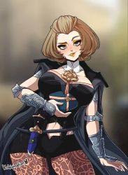  1girl absurdres blush breasts brown_hair byleth_(female)_(fire_emblem) byleth_(female)_(fire_emblem)_(cosplay) byleth_(fire_emblem) cosplay dagger fire_emblem fire_emblem:_three_houses highres kinkymation knife large_breasts lipstick looking_at_viewer makeup manuela_casagranda nintendo shorts solo third-party_edit weapon  rating:Questionable score:44 user:glitere12