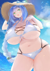  1girl blue_hair breasts green_eyes hat highres huge_breasts kt_(pixiv17776115) long_hair ocean open_mouth original rainbow sky solo straw_hat swimsuit  rating:Sensitive score:16 user:hanosun526