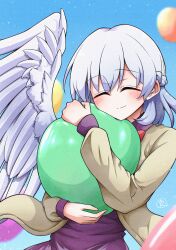  1girl absurdres angel_wings balloon blush closed_eyes closed_mouth commentary_request commission dress feathered_wings grey_hair half_up_braid highres hugging_object jacket kishin_sagume long_hair long_sleeves open_clothes open_jacket pixiv_commission purple_dress scavia10 signature single_wing smile solo touhou white_wings wings 