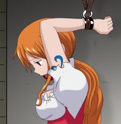  1girl arms_up ball_gag bdsm bondage bound bound_wrists empty_eyes gag gagged highres nami_(one_piece) nami_(one_piece)_(whole_cake_island) one_piece  rating:Questionable score:31 user:pqowieurzt