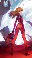  1girl artist_name ass blue_eyes bodysuit breasts expressionless eyepatch floating_hair full_body helmet highres holding holding_helmet horizon long_hair looking_at_viewer looking_back looking_to_the_side neon_genesis_evangelion orange_hair outdoors rebuild_of_evangelion red_bodysuit redesign shiny_clothes siino sky solo souryuu_asuka_langley standing two_side_up wide_hips wind 
