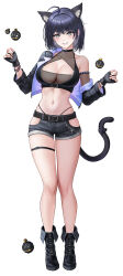  1girl ahoge animal_ears arm_strap bare_legs bare_shoulders belt black_choker black_footwear black_gloves black_hair black_jacket black_shirt black_shorts boots breasts cat_ears cat_girl cat_tail choker cleavage cleavage_cutout clothing_cutout collarbone colored_inner_hair crop_top cropped_jacket denim denim_shorts earrings eruthu extra_ears fingerless_gloves full_body gloves grey_eyes grin hands_up highleg highres hip_vent jacket jewelry large_breasts long_sleeves looking_at_viewer midriff multicolored_hair navel off_shoulder open_clothes open_jacket panty_straps see-through see-through_cleavage shirt short_hair short_shorts shorts simple_background skindentation sleeveless sleeveless_shirt smile solo standing stardays stomach tail tail_belt thigh_strap thighs van_(stardays) virtual_youtuber white_background 