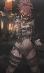 1girl absurdres arm_cannon breasts breath cleavage cylinder dark_background fingernails fire free_style_(yohan1754) glowing glowing_eyes highres killing_floor_2 large_breasts mask messy_hair mouth_mask navel orange_eyes ponytail rags red_hair scar smoke thigh_strap toned weapon rating:Sensitive score:47 user:danbooru
