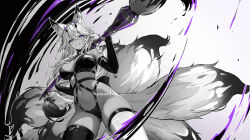 1girl animal_ear_fluff animal_ears bra breasts calligraphy_brush detached_sleeves harness holding_calligraphy_brush holding_paintbrush horns latex long_hair looking_at_viewer medium_breasts mitsu_(mitsu_art) monochrome multicolored_tail multiple_tails navel original paintbrush panties patreon_username purple_eyes solo tail thighhighs thighs underwear