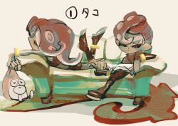  1boy 1girl agent_8_(splatoon) black_footwear black_shirt black_skirt book boots closed_mouth couch crop_top half-closed_eyes koike3582 long_hair lying miniskirt mohawk nintendo octoling octoling_boy octoling_girl octoling_player_character octotrooper on_couch on_stomach open_book red_hair shirt short_hair simple_background sitting skirt splatoon_(series) splatoon_2 splatoon_2:_octo_expansion suction_cups tentacle_hair white_background 
