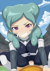 1boy 1girl belt beta_(inazuma_eleven) bodysuit chicago-x clothed_sex covered_erect_nipples cowgirl_position crotchless exhibitionism hetero inazuma_eleven_(series) looking_at_viewer penis pov public_indecency pussy sex smile soccer_field spread_legs straddling tight_clothes vaginal