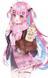  1girl absurdres ahoge anchor_symbol animal_ear_legwear bag bag_charm black_bow black_jacket blue_hair blue_nails blunt_bangs blush bottle bow bowtie braid brown_bag cat_ear_legwear cat_hair_ornament charm_(object) colored_inner_hair cowboy_shot frilled_skirt frills hair_bow hair_ornament hairclip highres holding holding_bottle hololive jacket llatteowo long_hair long_sleeves looking_at_viewer milk_tea minato_aqua minato_aqua_(school_uniform) multicolored_hair open_clothes open_jacket open_mouth pink_bow pink_bowtie pink_eyes pink_hair pink_scarf pink_skirt plaid plaid_bow plaid_bowtie plaid_skirt plastic_bottle pleated_skirt scarf school_bag school_uniform shirt simple_background skindentation skirt smile snowing solo streaked_hair thigh_strap thighhighs two_side_up virtual_youtuber white_background white_bow white_shirt white_thighhighs x_hair_ornament zettai_ryouiki 