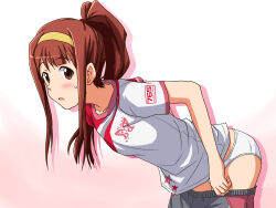  1girl blush brown_eyes brown_hair clothes_pull commentary grey_shorts hairband highres idolmaster idolmaster_million_live! leaning_forward lesson_wear_(idolmaster_million_live!) lielos logo long_hair looking_at_viewer open_mouth panties ponytail pulling_own_clothes shirt shorts shorts_pull sidelocks solo standing sweatdrop t-shirt tanaka_kotoha two-tone_background underwear white_panties white_shirt yellow_hairband 
