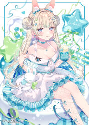  1girl :p animal_ears asymmetrical_legwear balloon bare_shoulders blonde_hair blue_eyes blue_gemstone blush bracelet breasts cake cleavage collarbone dot_nose dress feet_out_of_frame fishnets food gem glass gradient_eyes green_gemstone hair_spread_out highres ice_cream jewelry long_hair multicolored_eyes no_bra no_legwear original pantyhose pink_eyes rabbit_ears signature simple_background sitting_on_food sleeveless solo star_(symbol) tongue tongue_out twitter_username very_long_hair wasabi_(sekai) white_background white_dress 