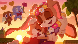  1boy 2girls animal_ears big_the_cat cat_ears chao_(sonic) cheese_(sonic) chocola_(sonic) closed_eyes commentary_request cream_the_rabbit fishing_rod flower flower_necklace furry furry_female gloves head_wreath heart holding holding_fishing_rod holding_flower hug jewelry mother&#039;s_day mother_and_daughter multiple_girls necklace palm_tree rabbit_ears rabbit_tail smile sonic_(series) sonic_advance_2 sunset tail tree uno_yuuji vanilla_the_rabbit white_gloves 