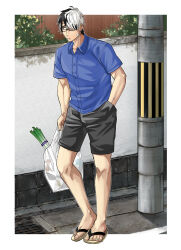 1boy :/ another_eidos-r bag bandaid bandaid_on_cheek bandaid_on_face collared_shirt full_body glasses hair_over_one_eye highres holding holding_bag itaru_(kidomh63) looking_ahead male_focus multicolored_hair outdoors plastic_bag road shirt short_hair shorts slippers solo spring_onion street thorkell_(another_eidos) toned toned_male two-tone_hair walking