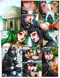 3girls armlet bare_shoulders black_eyes black_gloves black_hair blue_eyes blue_hair blush bodysuit bracelet breasts bridal_gauntlets cape cleavage comic crossover english_text fff_threesome fingerless_gloves fire_emblem fire_emblem_awakening girl_sandwich gloves green_eyes green_hair group_sex heart jadenkaiba jewelry kid_icarus kid_icarus_uprising licking licking_finger long_hair lucina_(fire_emblem) multiple_girls nintendo palutena saliva saliva_trail sandwiched tharja_(fire_emblem) threesome tiara tongue tongue_out two_side_up very_long_hair watching yuri rating:Explicit score:148 user:mana2086