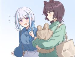  2girls animal_ears bag baguette blue_background blue_hair blue_shirt blush braid bread brown_bag brown_hair buttons carrying_bag collared_shirt commentary dog_ears ene_mizunoawa food french_braid green_shirt handbag highres inui_toko lize_helesta long_sleeves looking_at_viewer multicolored_hair multiple_girls nijisanji notice_lines open_mouth paper_bag pointing pointing_up purple_eyes purple_skirt red_eyes shirt shirt_tucked_in simple_background skirt tote_bag two-tone_hair virtual_youtuber 