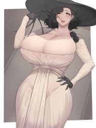 1girl alcina_dimitrescu black_flower black_gloves black_hair black_hat black_rose breasts claws cleavage collarbone commentary curvy dress english_commentary flower gloves hand_on_own_hip hand_up hat highres huge_breasts looking_at_viewer metal_owl_(aden12) raised_eyebrow resident_evil resident_evil_village rose skindentation solo standing teeth tongue tongue_out upper_teeth_only white_dress wide_hips yellow_eyes rating:Sensitive score:324 user:danbooru