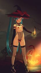  1girl 3d arm_tattoo blue_hair blush body_blush breastless_clothes breasts clitoral_hood clitoris collar crotchless earrings elbow_gloves erect_clitoris exhibitionism feet female_focus fire fishnet_thighhighs fishnets fire freckles full_body functionally_nude gloves graveyard halloween halloween_costume hat highres jack-o&#039;-lantern jewelry kyoshourz large_areolae loli long_hair long_twintails looking_at_viewer masaki_sasami_jurai nail_polish navel night nipple_piercing nipple_rings open_mouth outdoors perky_breasts piercing pink_nails pubic_tattoo public_indecency purple_eyes pussy ring small_breasts smile solo standing tareme tattoo teeth tenchi_muyou! thigh_gap thighhighs tombstone tree twintails upper_teeth_only very_long_hair witch witch_hat  rating:Explicit score:104 user:sasami