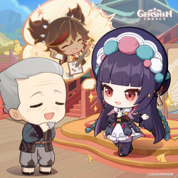  1boy 2girls absurdres belt blue_hair blue_sky blunt_bangs blurry blurry_background bonnet boots braid brown_belt brown_hair chibi closed_eyes commentary copyright_name dark-skinned_female dark_skin day dot_nose dress english_commentary facial_hair fang genshin_impact goatee grey_hair grey_pants guitar hair_ornament highres holding holding_guitar holding_instrument instrument long_hair long_sleeves makeup multicolored_hair multiple_girls official_art old old_man open_mouth outdoors pants pantyhose puffy_long_sleeves puffy_sleeves purple_hair red_eyes sky smile sparkle stairs standing streaked_hair tassel tassel_hat_ornament thought_bubble very_long_hair vision_(genshin_impact) wrinkled_skin xinyan_(genshin_impact) yun_jin_(genshin_impact) 