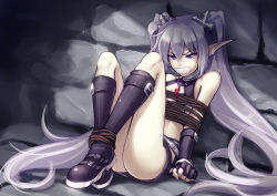  1girl agarest_senki agarest_senki_(series) angry bdsm blush bondage boots bound bound_ankles bound_arms elf fingerless_gloves flat_chest fyuria fyuria_(agarest_senki) gagged gloves hair_ornament long_hair long_pointy_ears pointy_ears purple_eyes ricegnat rope silver_hair sitting solo twintails very_long_hair  rating:Sensitive score:127 user:danbooru