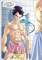  2boys arrow_(symbol) bara bathroom black_hair border bulge comic cowboy_shot dragon_ball dragonball_z english_text erection_under_towel indoors it&#039;s_over_9000_(meme) looking_at_another male_focus meme multiple_boys muscular muscular_male naked_towel outside_border raditz scouter shower_head spiked_hair standing sweatdrop thought_bubble tile_wall tiles towel vegeta white_border widow&#039;s_peak yaoi  rating:Explicit score:29 user:gandalf359