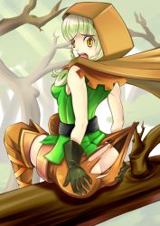1girl ass belt boots branch butt_crack cloak dragon&#039;s_crown elf_(dragon&#039;s_crown) forest highres looking_back nature no_panties shorts sinyadaze thigh_boots thighhighs torn_clothes white_hair yellow_eyes rating:Questionable score:59 user:aerd