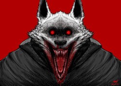  1boy artist_name black_cloak blood blood_from_mouth blood_on_face cloak death_(puss_in_boots) emo-bunnybutt2 fangs furry glowing highres hood hooded_cloak looking_at_viewer male_focus puss_in_boots:_the_last_wish red_background red_eyes sharp_teeth sickle signature smile solo teeth wolf  rating:General score:3 user:danbooru