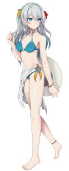 1girl absurdres alternate_costume anklet bare_legs bare_shoulders barefoot bikini blue_eyes blue_pupils bracelet breasts cleavage collarbone commentary english_commentary feet firefly_(honkai:_star_rail) flower from_side gradient_hair green_bikini green_hair hair_between_eyes hair_flower hair_ornament hairband halterneck highres honkai:_star_rail honkai_(series) jewelry long_hair looking_to_the_side medium_breasts mixed-language_commentary multicolored_hair navel paid_reward_available pinching playing_with_own_hair purple_eyes red_flower ribbon sarong sigure_yusyo simple_background smile solo standing stomach swimsuit toes two-tone_eyes white_background white_hair white_hairband white_sarong yellow_flower yellow_ribbon 
