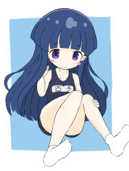 1girl :o absurdres bare_arms bare_shoulders black_one-piece_swimsuit blue_background blue_hair blush_stickers collarbone commentary_request furude_rika hand_up highres higurashi_no_naku_koro_ni knees_together_feet_apart looking_at_viewer no_shoes one-piece_swimsuit parted_lips purple_eyes rururu_(pyrk8855) school_swimsuit socks soles solo swimsuit two-tone_background white_background white_socks rating:Sensitive score:5 user:danbooru