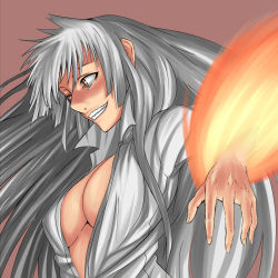  1girl breasts cleavage crazy_eyes female_focus fire fujiwara_no_mokou grin large_breasts long_hair smile solo supu teeth touhou unbuttoned 
