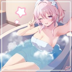  1girl ;d arm_up armpits bare_shoulders bathtub blue_eyes breasts cleavage dodosako hair_intakes hair_ornament hairband hand_up highres honkai:_star_rail honkai_(series) indoors looking_at_viewer march_7th_(honkai:_star_rail) medium_breasts naked_towel one_eye_closed open_mouth partially_submerged pink_hair purple_eyes short_hair sitting smile solo star_(symbol) thighs towel v water 