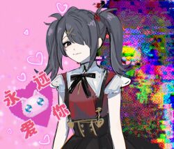  1girl ame-chan_(needy_girl_overdose) black_hair black_ribbon black_skirt chinese_commentary chinese_text closed_mouth collared_shirt commentary_request cowboy_shot glitch hair_ornament hair_over_one_eye heart highres long_hair looking_at_viewer neck_ribbon needy_girl_overdose pien_cat_(needy_girl_overdose) pink_background red_shirt ribbon shirt skirt smile solo standing suspender_skirt suspenders twintails wo_yao_he_niuru_cha x_hair_ornament  rating:General score:1 user:danbooru