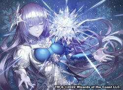  1girl armor asymmetrical_sleeves blue_background breasts closed_eyes closed_mouth colored_skin commentary_request copyright_name cropped_legs crystal dated grey_skin i-la leaning_back magic:_the_gathering medium_breasts official_art pale_skin puffy_short_sleeves puffy_sleeves short_sleeves snowflake_ornament snowflakes solo 