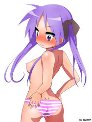  00s 1girl ass blue_eyes blush breasts butt_crack dimples_of_venus from_behind frown hair_ribbon hands_on_own_hips hiiragi_kagami jangif long_hair looking_back lucky_star nipples panties perky_breasts purple_hair ribbon simple_background striped_clothes striped_panties topless twintails underwear white_background  rating:Questionable score:56 user:toya