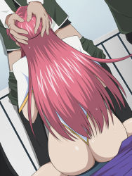 00s ass circle_ip clothes_pull fellatio from_behind gundam gundam_seed gundam_seed_destiny hands_on_another&#039;s_head highres implied_fellatio leotard long_hair meer_campbell oral pants pants_pull pink_hair sitting sweat wariza rating:Explicit score:77 user:yap