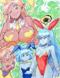  2girls aeos annoyed ass blue_eyes blue_hair blue_skin breast_envy breasts chronoa collar colored_skin dragon_ball dragon_ball_heroes dragonball_z earrings head_on_chest heart jewelry kaioushin large_breasts laughing leotard long_hair multiple_girls orange_eyes orange_hair pasties pink_skin playboy_bunny pointy_ears pouting pouty_lips rabbit_tail ribbon sticker tiara uri_artsu wrist_cuffs 