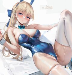  1girl animated animated_gif blonde_hair blue_archive blue_eyes blue_leotard halo highres leotard looking_at_viewer misaka_12003-gou playboy_bunny rabbit_ears solo sweat third-party_edit toki_(blue_archive) toki_(bunny)_(blue_archive)  rating:Questionable score:70 user:Longwo