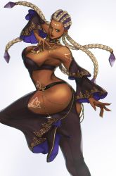  1girl absurdres ass bare_shoulders braid breasts chain cleavage clothing_cutout commentary_request dark-skinned_female dark_skin detached_sleeves dolores_(kof) facial_mark fighting_stance forehead forehead_mark full_body gold gold_trim green_eyes hair_ornament high_heels highres jewelry knee_up ktovhinao large_breasts leg_tattoo long_hair looking_at_viewer medium_breasts multicolored_hair necklace number_tattoo parted_lips purple_hair simple_background solo standing standing_on_one_leg stomach_cutout tattoo the_king_of_fighters the_king_of_fighters_xv thighs two-tone_hair white_background white_hair wide_sleeves  rating:Sensitive score:18 user:danbooru