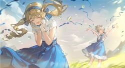  2girls ^_^ arms_up black_hairband blonde_hair blue_bow blue_skirt blue_sky bow bracelet closed_eyes cloud collared_shirt confetti fisheye floating_hair flower gloves grass grey_hair hair_bow hairband hands_on_own_face hands_up highres ichisaku jewelry leaning_forward long_hair matilda_bouanich medium_hair medium_skirt mountainous_horizon multiple_girls official_alternate_costume open_mouth outdoors outstretched_arms overall_skirt reverse:1999 shirt shirt_tucked_in short_sleeves side_ponytail skirt sky smile sotheby standing twintails white_flower white_gloves white_shirt 