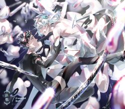  2others androgynous angry backless_dress backless_outfit black_eyes black_gloves black_hair black_thighhighs bort character_name clenched_teeth colored_eyelashes crystal_hair diamond_(houseki_no_kuni) dress elbow_gloves fighting from_side gem_uniform_(houseki_no_kuni) ghost_to_human gloves grey_eyes grey_hair highres holding holding_weapon houseki_no_kuni looking_at_another multiple_others necktie other_focus profile puffy_sleeves shards shiny_clothes shiny_skin short_hair short_sleeves shorts sparkle spoilers teeth thighhighs very_short_hair weapon white_dress white_gloves 