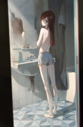  1girl absurdres back bare_legs barefoot bathroom bathtub blue_eyes blush bottle commentary curtains dino_(dinoartforame) dolphin_shorts faucet from_behind full_body head_tilt highres indoors legs long_hair looking_at_viewer looking_back makise_kurisu mirror parted_lips red_hair reflection short_shorts shorts sink solo standing steins;gate tile_wall tiles topless v-shaped_eyebrows  rating:Sensitive score:190 user:danbooru