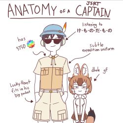  1boy 1girl :3 acesrulez anatomy_of_a_gamer_(meme) animal_ears arrow_(symbol) bare_shoulders blush blush_stickers bow breast_pocket brown_hair bucket_hat captain_(kemono_friends) closed_mouth cowboy_shot dhole_(kemono_friends) dog_ears dog_girl dog_tail english_text extra_ears gloves hands_in_pockets hat height_difference highres jacket kemono_friends kemono_friends_3 looking_at_viewer meme multicolored_hair pocket safari_jacket sandstar shirt short_hair short_sleeves side-by-side simple_background skirt sleeveless smile standing straight-on sunglasses tail translated two-tone_hair white_background white_hair 