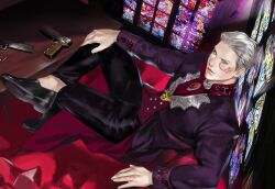  1boy blue_eyes closed_mouth coat crossed_legs devil_may_cry_(series) gom_choco hair_slicked_back highres looking_at_viewer male_focus purple_coat sitting smile solo sparda white_hair 