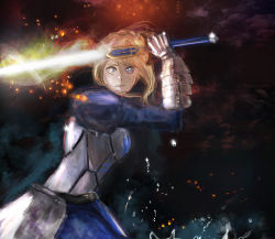  1girl angry artoria_pendragon_(all) artoria_pendragon_(fate) blonde_hair excalibur_(fate/stay_night) fate/stay_night fate_(series) fighting glowing glowing_eyes glowing_weapon green_eyes highres metal_armor saber_(fate) sword warrior weapon  rating:Sensitive score:2 user:Vanillah