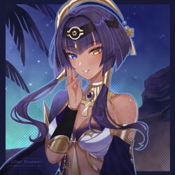 1girl ankh ankh_necklace artist_name bare_shoulders blue_eyes blue_hair border breasts candace_(genshin_impact) commentary_request dark-skinned_female dark_skin egyptian_clothes eye_of_horus genshin_impact hair_ornament hand_up heterochromia highres jewelry karanashi_mari looking_at_viewer medium_breasts midriff night night_sky palm_leaf short_hair_with_long_locks sidelocks sky smile solo upper_body yellow_eyes